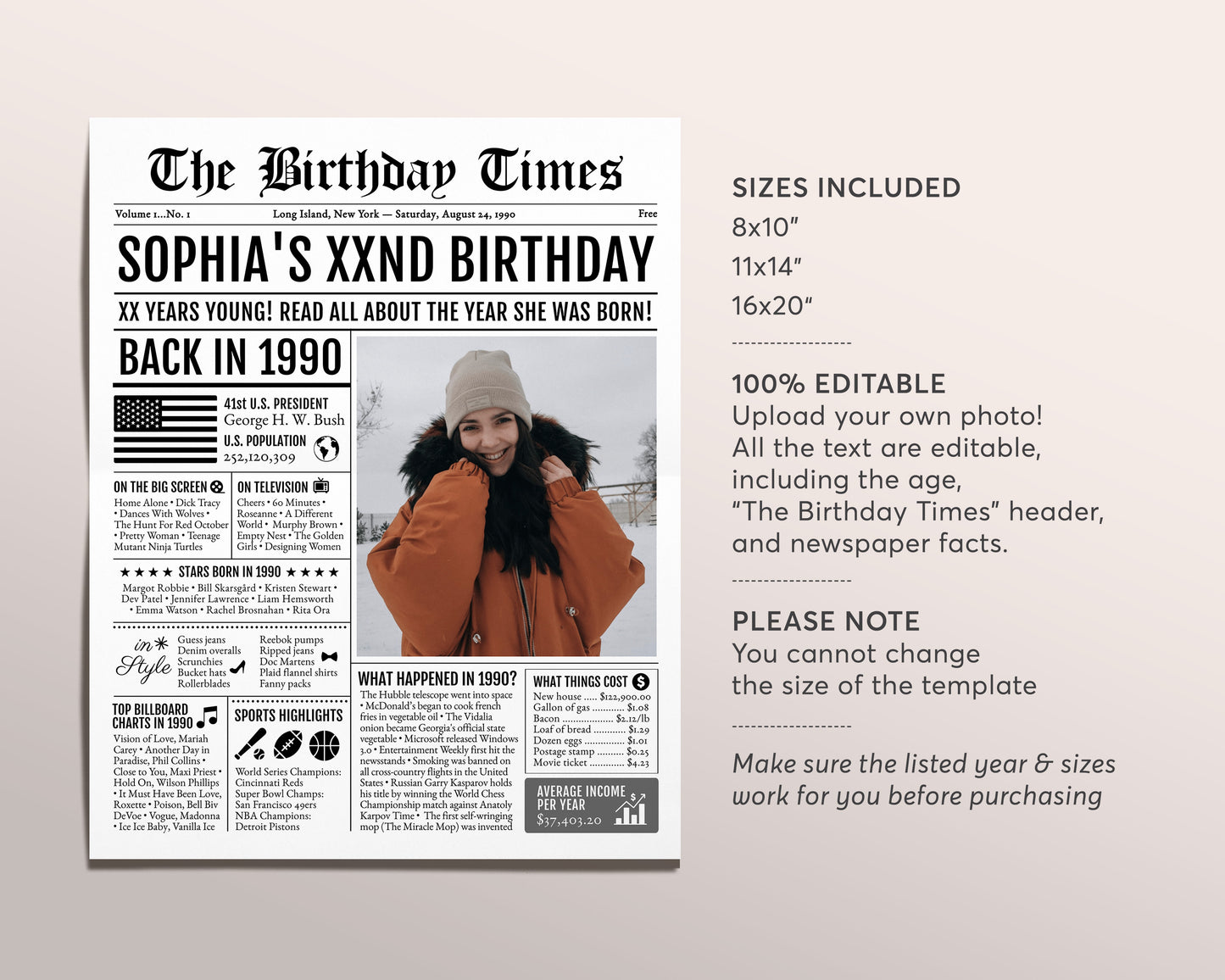 Back in 1990 Birthday Newspaper Editable Template, 33 34 35 Years Ago, 33rd 34th 35th Birthday Sign Decorations Decor for Men or Women