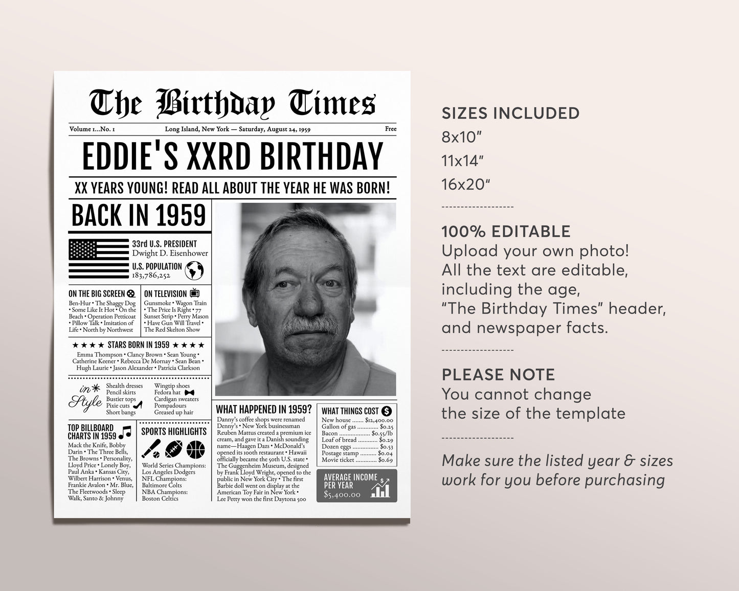 Back in 1959 Birthday Newspaper Editable Template, 64 65 66 Years Ago, 64th 65th 66th Birthday Sign Decorations Decor for Men or Women