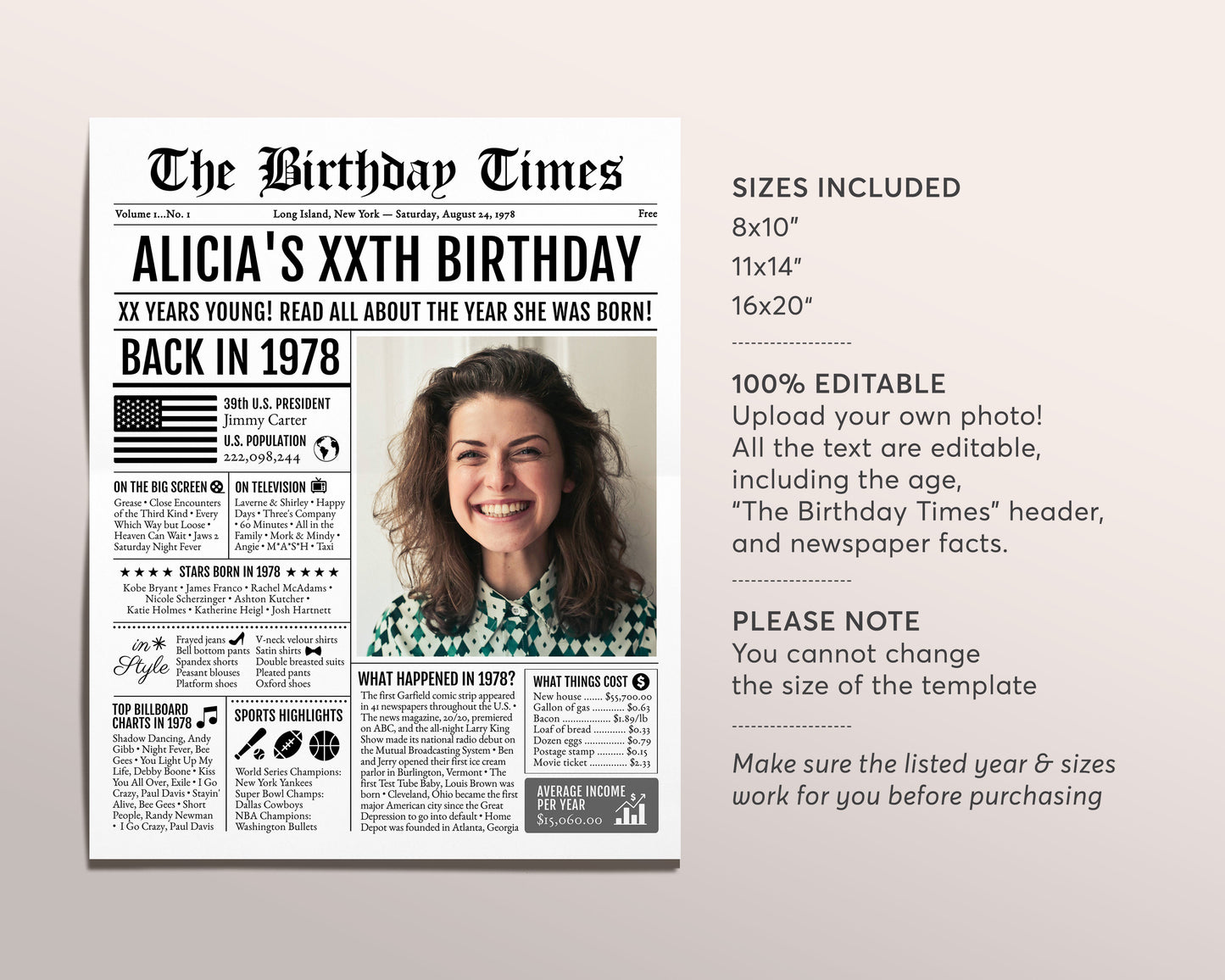Back in 1978 Birthday Newspaper Editable Template, 45 46 47 Years Ago, 45th 46th 47th Birthday Sign Decorations Decor for Men or Women