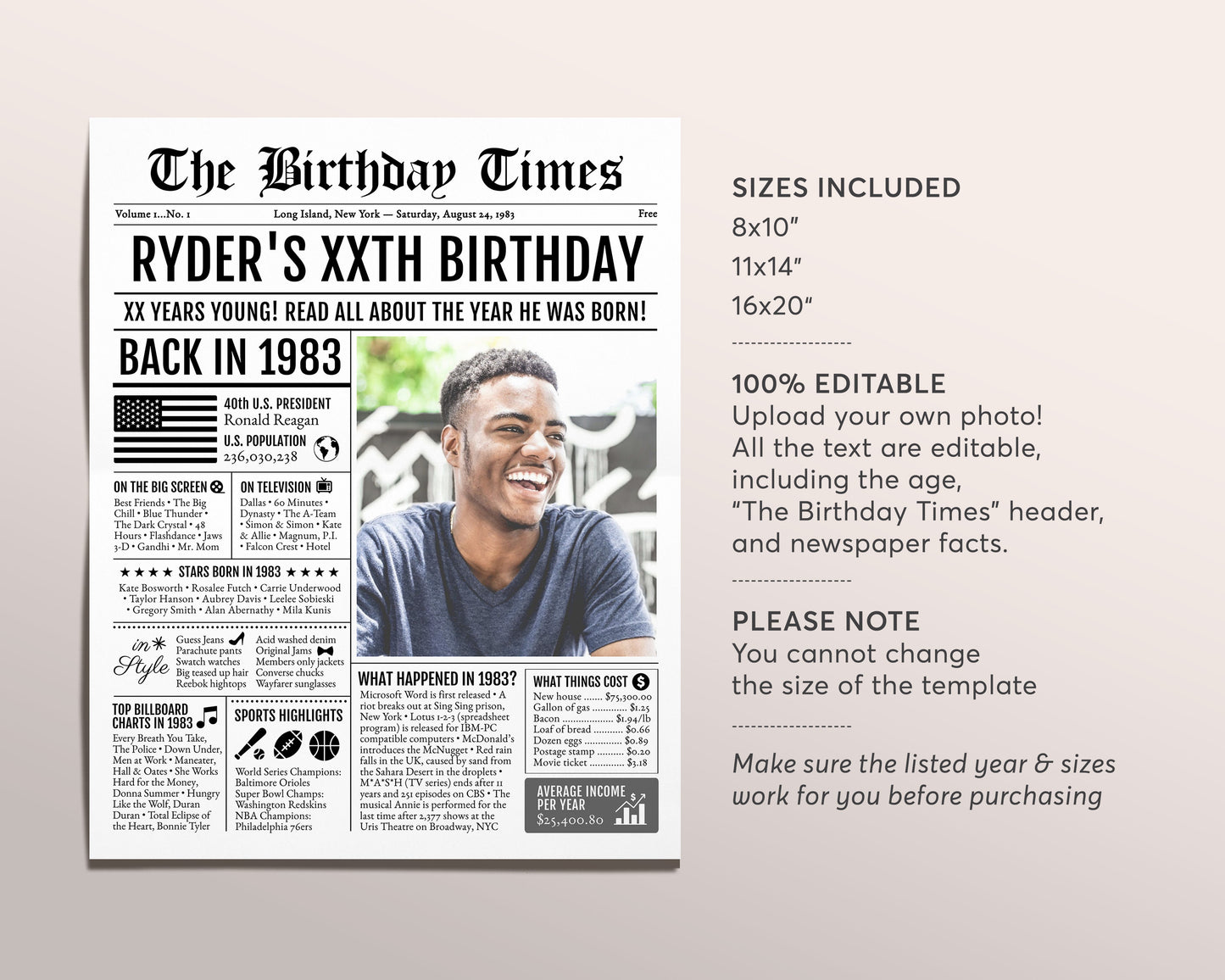 Back in 1983 Birthday Newspaper Editable Template, 40 41 42 Years Ago, 40th 41st 42nd Birthday Sign Decorations Decor for Men or Women
