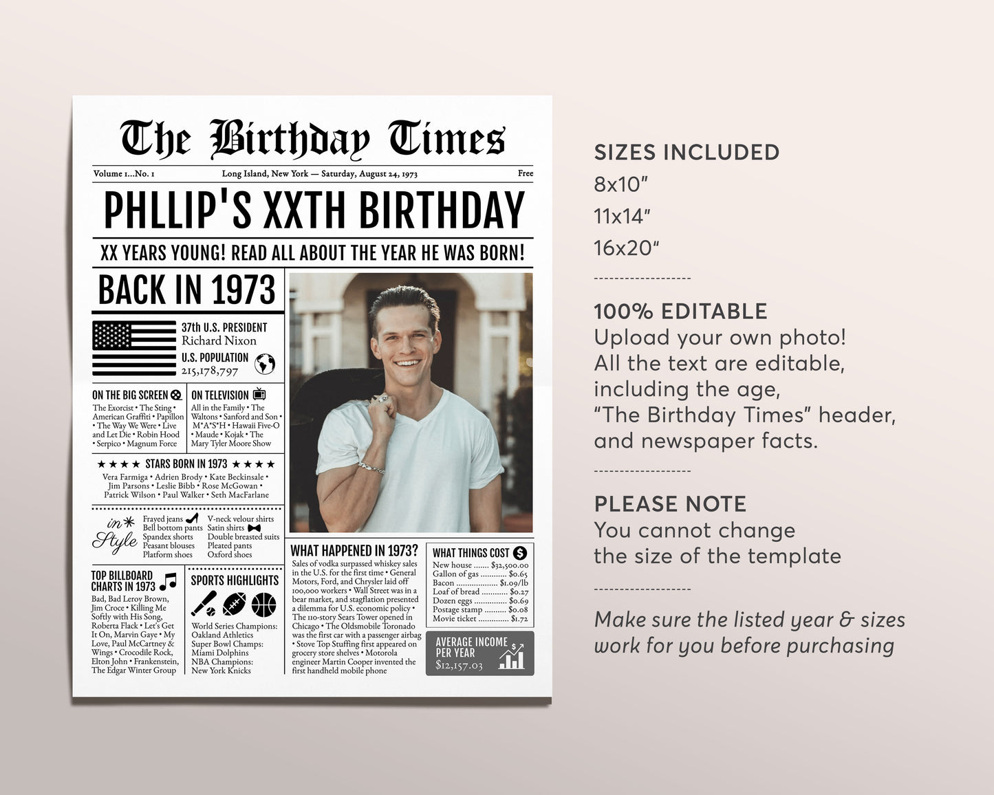 Back in 1973 Birthday Newspaper Editable Template, 50 51 52 Years Ago, 50th 51st 52th Birthday Sign Decorations Decor for Men or Women