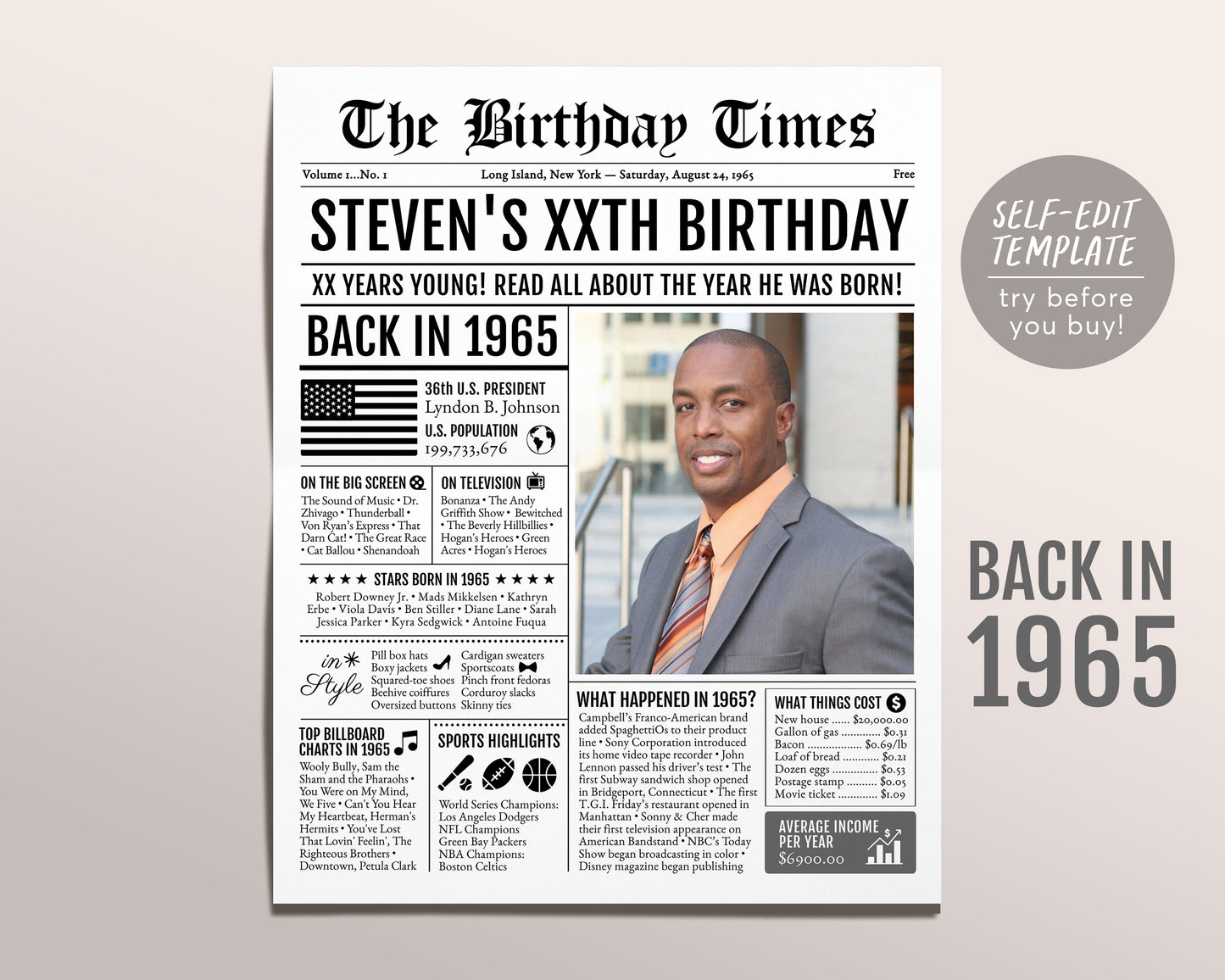 Back in 1965 Birthday Newspaper Editable Template, 58 59 60 Years Ago, 58th 59th 60th Birthday Sign Decorations Decor for Men or Women