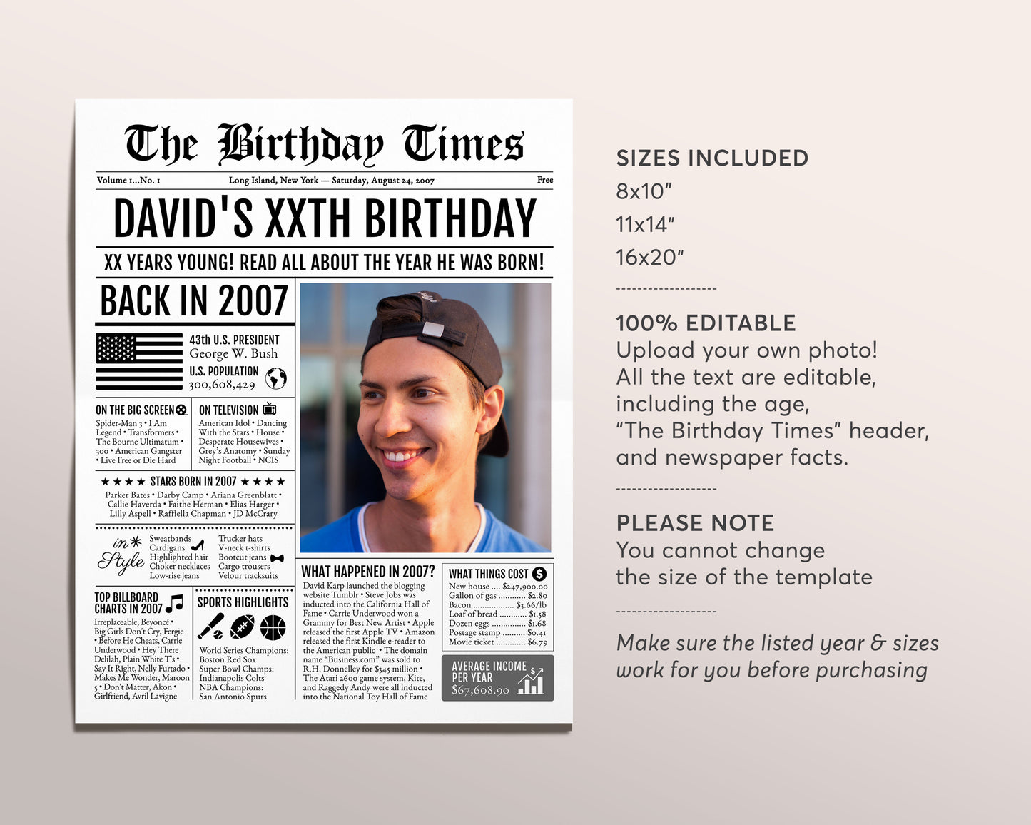 Back in 2007 Birthday Newspaper Editable Template, 16 17 18 Years Ago, 16th 17th 18th Birthday Sign Decorations Decor for Men or Women