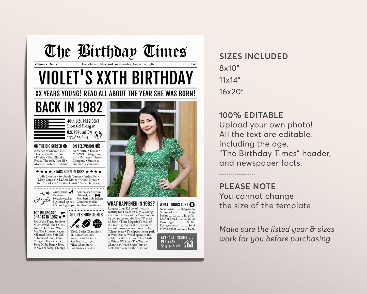 Back in 1982 Birthday Newspaper Editable Template, 41 42 43 44 Years Ago, 41st 43rd 44th Birthday Sign Decorations Decor for Men or Women
