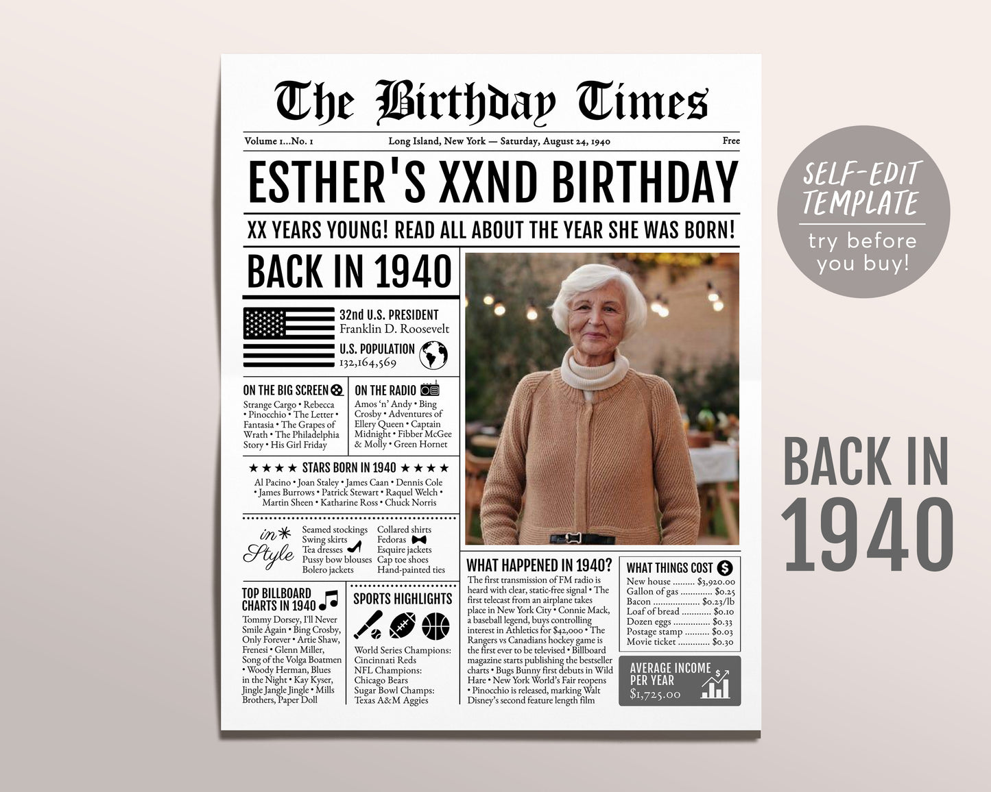 Back in 1940 Birthday Newspaper Editable Template, 83 84 85 Years Ago, 83rd 84th 85th Birthday Sign Decorations Decor for Men or Women