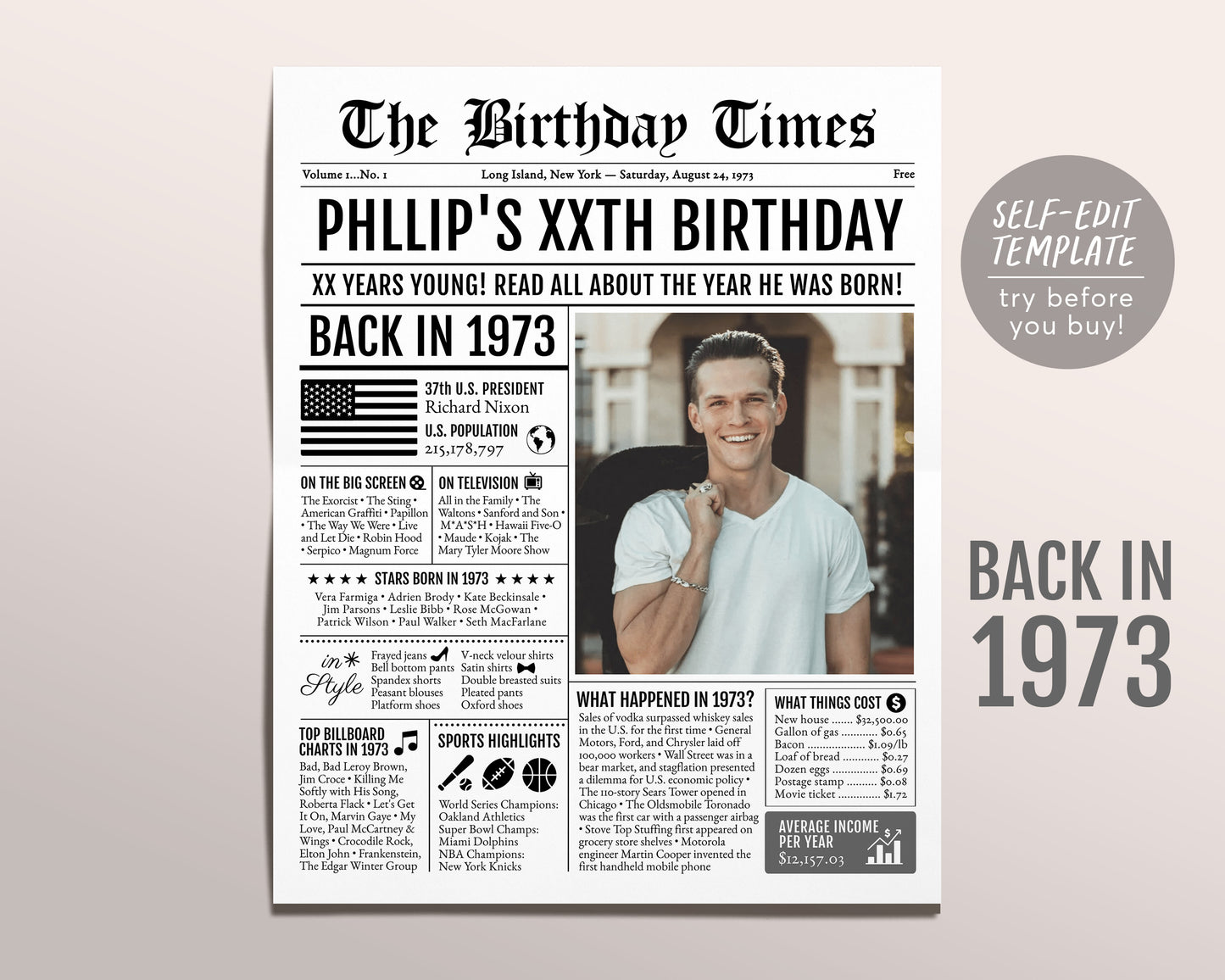 Back in 1973 Birthday Newspaper Editable Template, 50 51 52 Years Ago, 50th 51st 52th Birthday Sign Decorations Decor for Men or Women