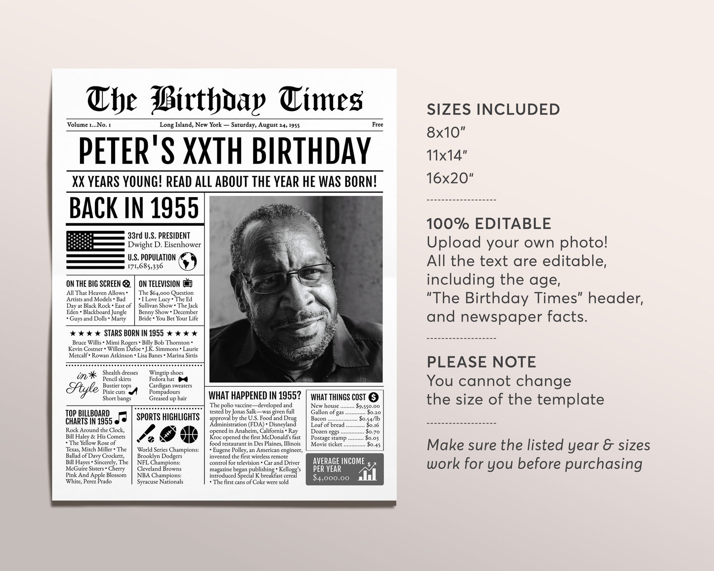 Back in 1955 Birthday Newspaper Editable Template, 68 69 70 Years Ago, 68th 69th 70th Birthday Sign Decorations Decor for Men or Women