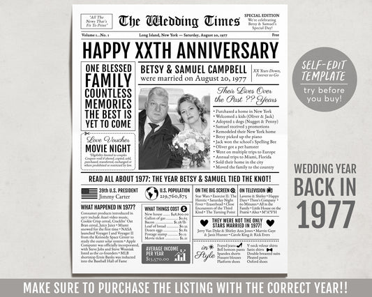 Back in 1977 46th 47th 48th Anniversary Gift Newspaper Editable Template, Personalized 46 47 48Year Wedding For Parents Husband Or Wife