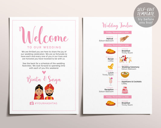 Indian Wedding Timeline Template, Editable Wedding Itinerary Card, Wedding Welcome Card, Hindu Wedding Itinerary, Indian Icons