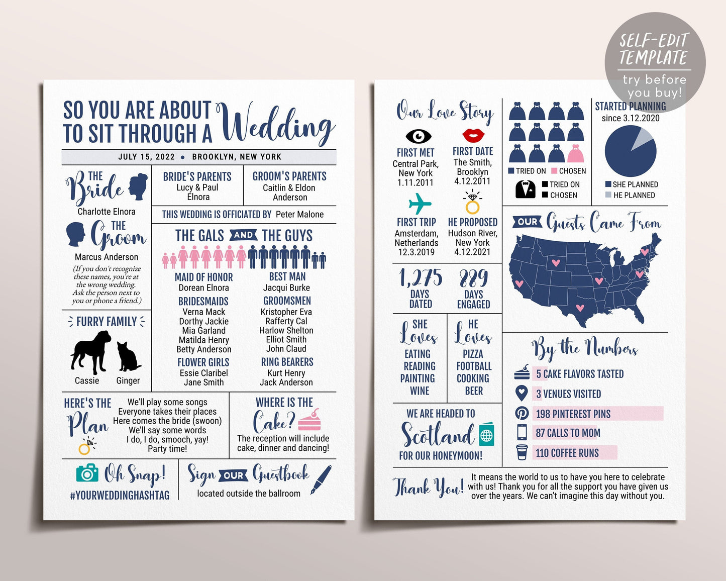 Infographic Wedding Program Template, Editable Reception Program, Funny Wedding Program Printable, Unique Fun Ceremony Program, Modern