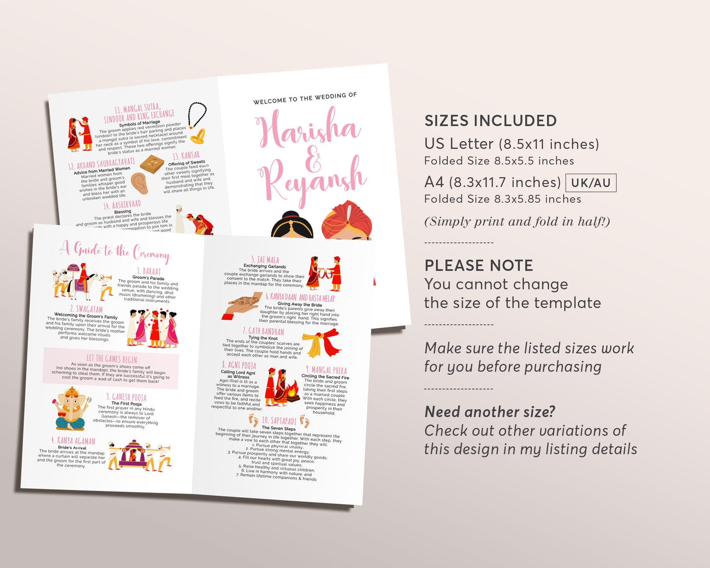 Editable Hindu Ceremony Program, Indian Wedding Program Portrait, Indian Wedding Ceremony, Hindu Wedding Ceremony Program, Hindu Infographic