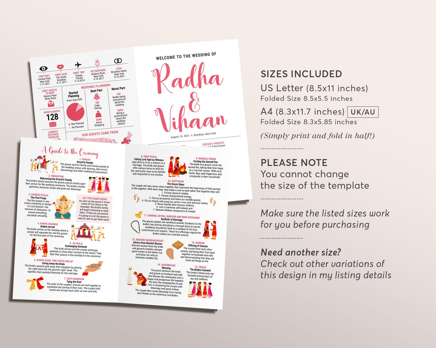 Indian Wedding Program Template, Hindu Reception Ceremony Infographi, Colorful Indian Wedding Program Booklet, Pink Indian Invitation