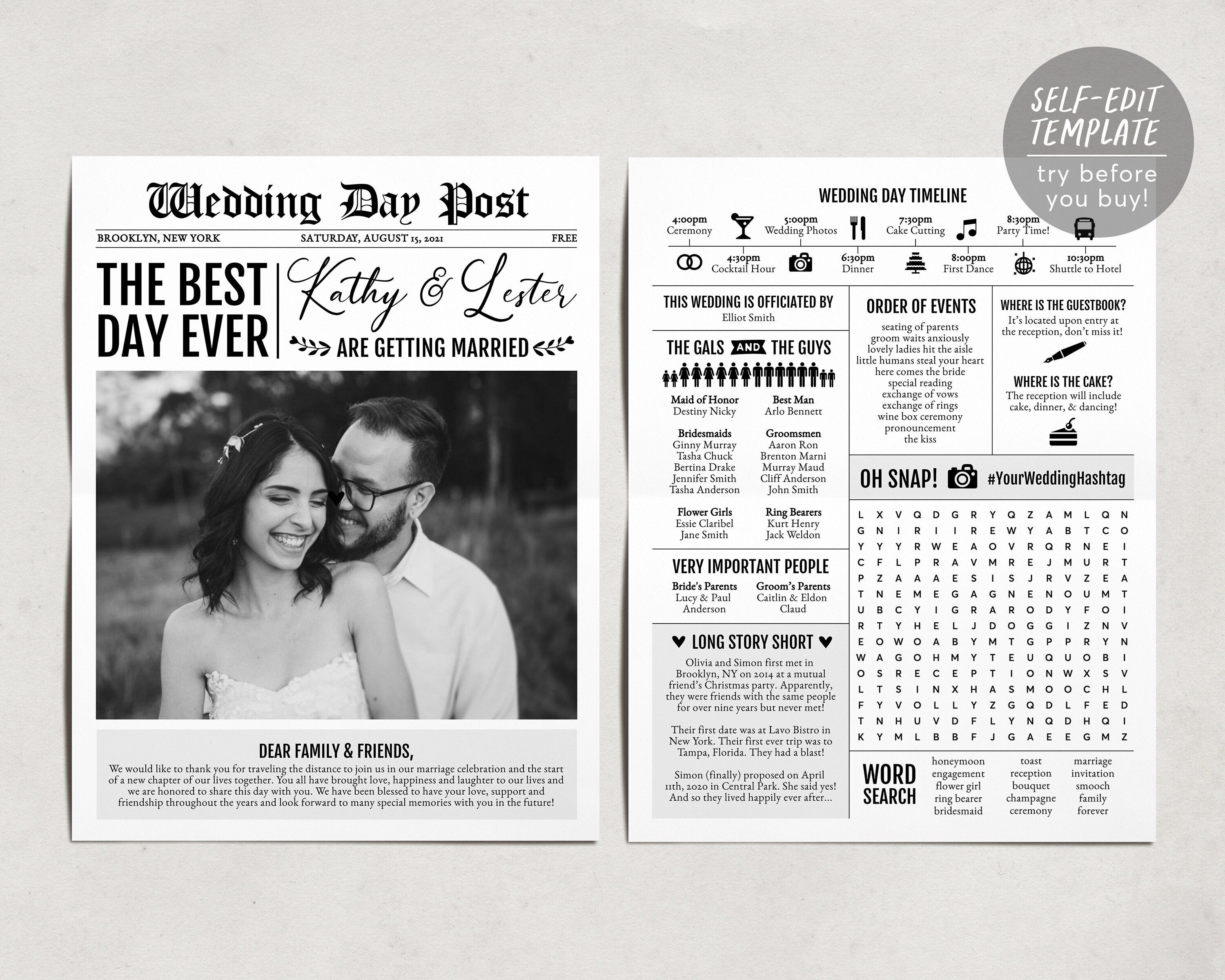 Newspaper Ceremony Program Template, Editable Program, Wedding Program Newspaper Ceremony Program Template, Editable Program, Wedding Program