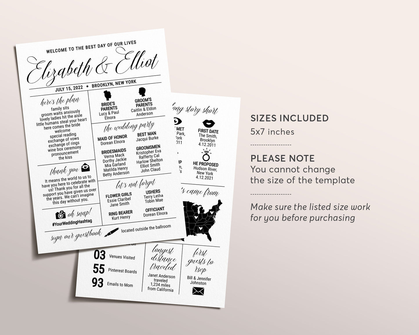 Elegant Calligraphy Wedding Program Template, Black and White Infographic, Wedding Day Timeline Printable, Ceremony Order of Events