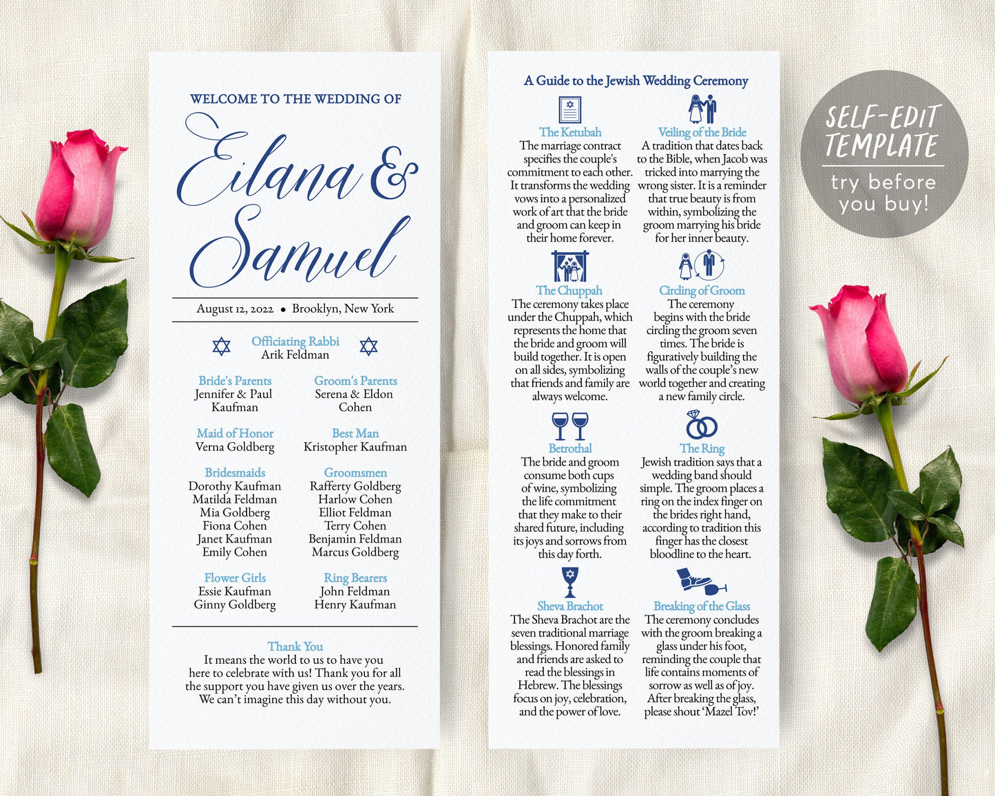 Jewish Wedding Program Template, Jewish Explanation, Judaica Icons, Minimal program, Long Wedding Program, Religious Wedding Program Guide