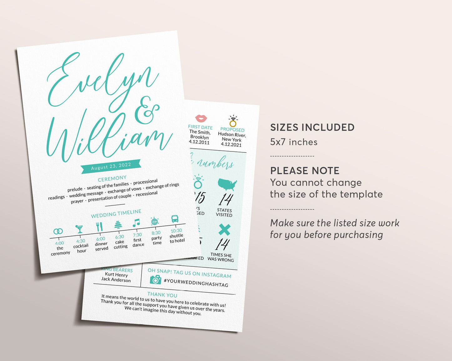 Teal Infographic Wedding Program Template, Editable Reception Program, Wedding Itinerary Template Timeline, Unique Fun Ceremony Program