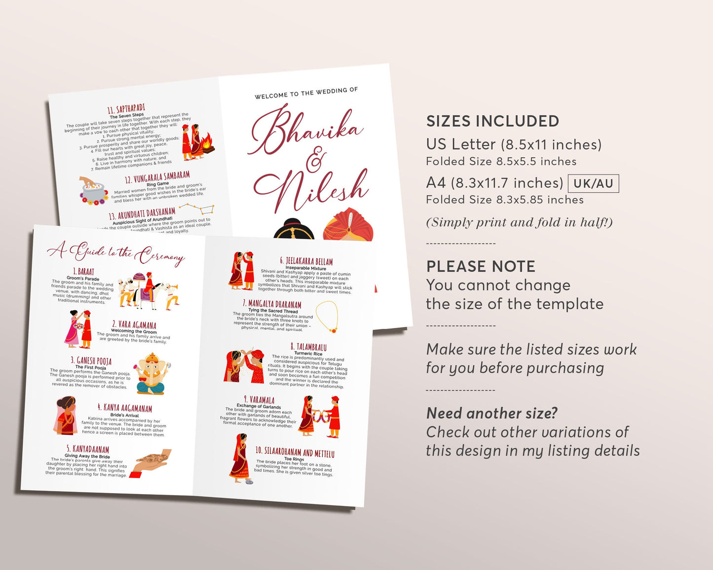 Telugu Ceremony Program Template, Editable Indian Wedding Ceremony Guide, South Indian, Hindu Infographic, Folded Modern Wedding Program