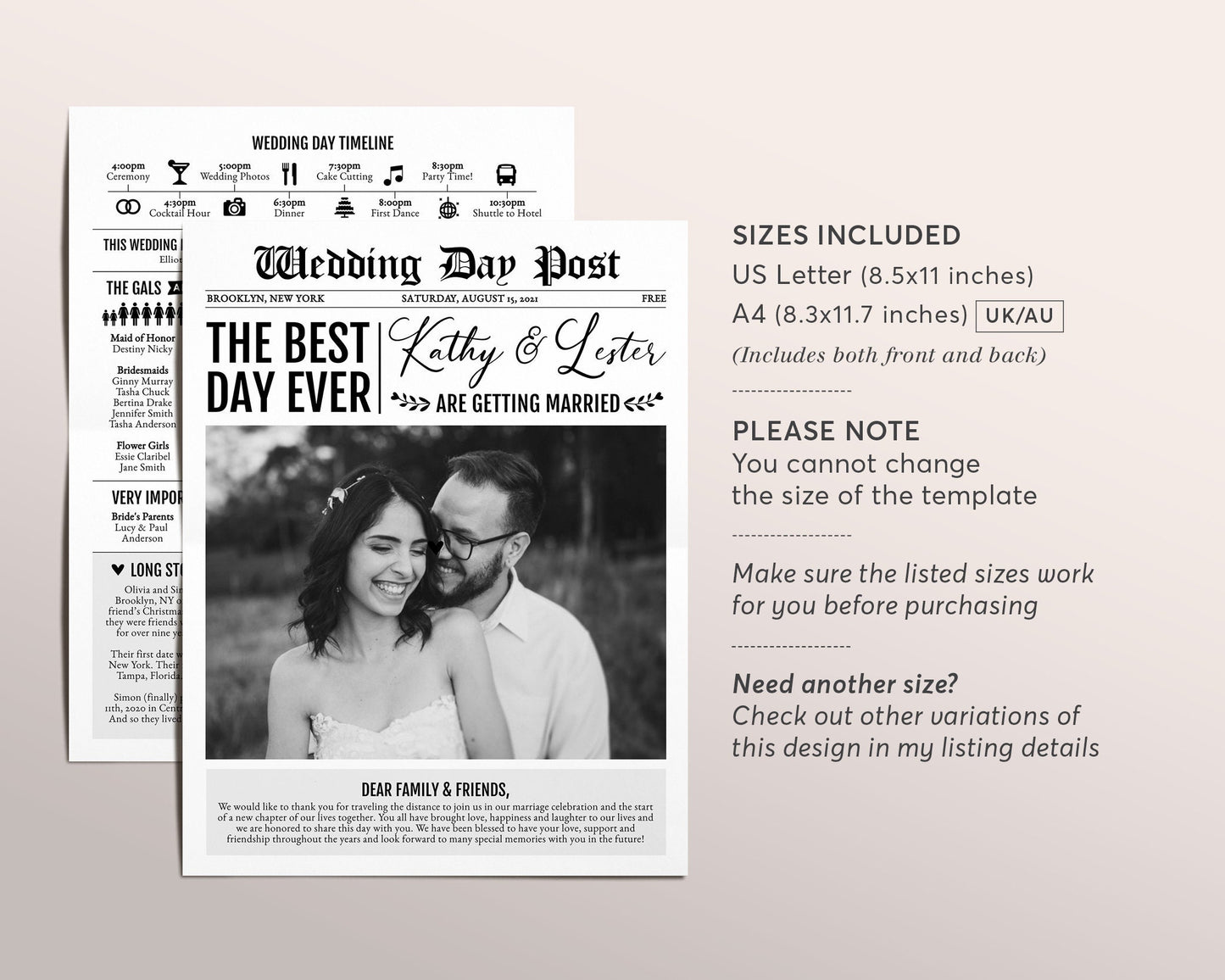 Newspaper Ceremony Program Template, Editable Program, Wedding Program Printable, Traditional Post, Wedding Timeline, Reception Games