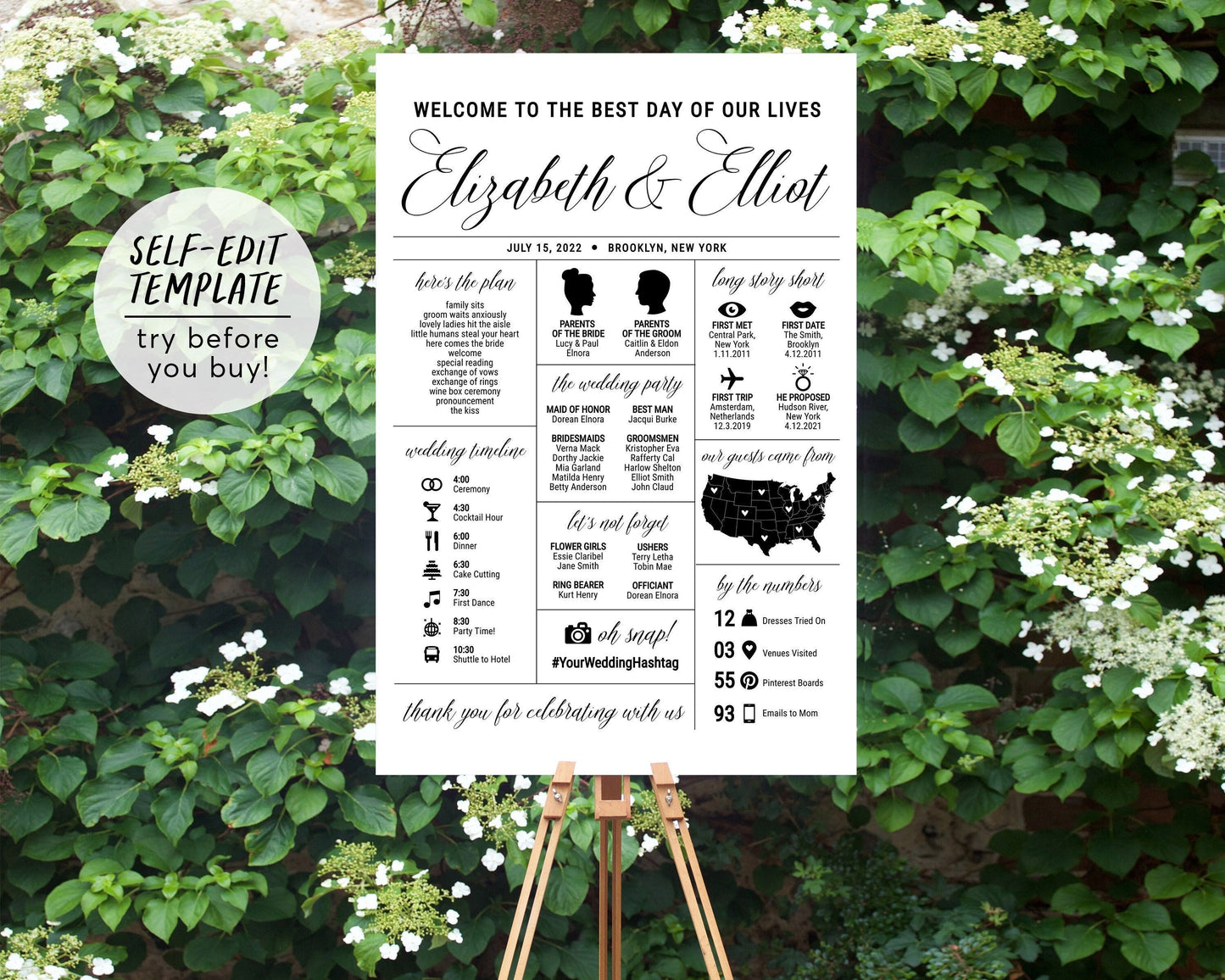Elegant Calligraphy Wedding Sign Template,  Wedding Program Reception Sign with Timeline, Ceremony Welcome Sign, Printable Order of Events