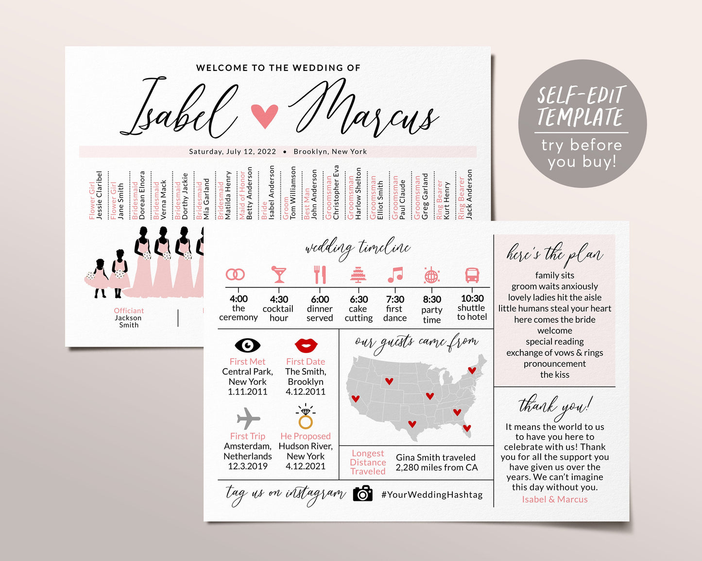 Silhouette Wedding Program Template, Infographic Wedding Program, Wedding Timeline, Blush Ceremony Program, Personalized Bridal Party