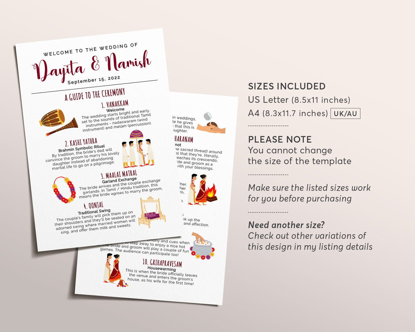 South Indian Wedding Program Template, Editable Brahmin Tamil Wedding Program, Indian Ceremony Guide, Hindu Infographic