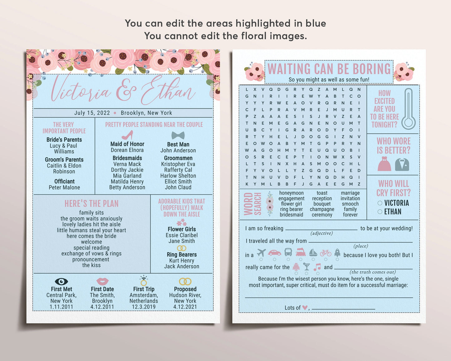 Fun Infographic Wedding Program Template, Blush Floral Template, Word Search, Mad Libs, Wedding Advice Card, Funny Reception Program