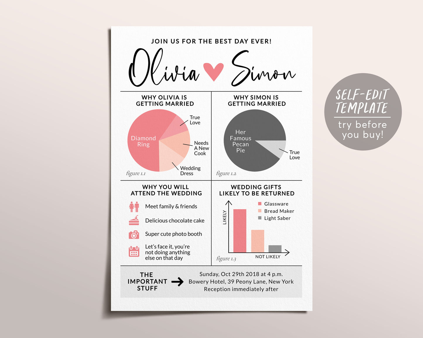 Funny Wedding Invitation Suite Template, Infographic Wedding Invite, Geek Wedding, Modern Unique Wedding Invitation, Nerdy Wedding