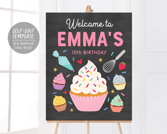 Editable Cupcake Birthday Welcome Sign Template, Girl Baking Party Birthday Chalkboard Welcome Sign Printable, Cooking Party Welcome Sign