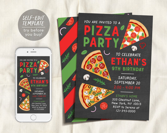 Editable Pizza Birthday Party Invitation Template, Chalkboard Pizza And Pajamas Party Digital Invite, Slice of Fun Pizzeria, Boy Birthday