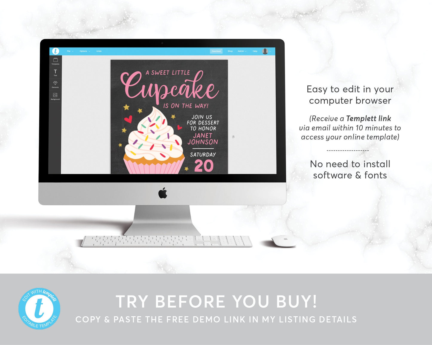 A Little Cupcake is on Her Way Baby Shower Invitation, Editable Cupcake Baby Shower Invite, Electronic Girl Baby Shower Evite, It's a Girl