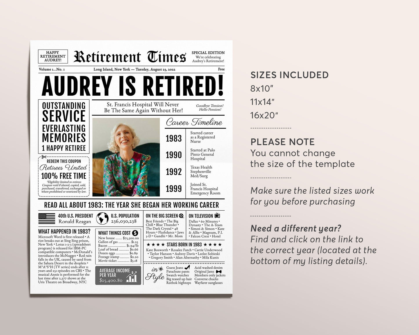 Personalized Retirement Gift for Men or Women, Retirement Party Board With Photo, Unique Retirement Party Decoration, Newspaper Back in 1983
