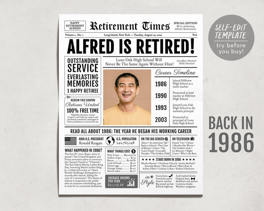 Retirement Gift for Men or Women, Editable Retirement Card Poster Sign, Unique Retirement Party Decoration, Newspaper Back in 1986