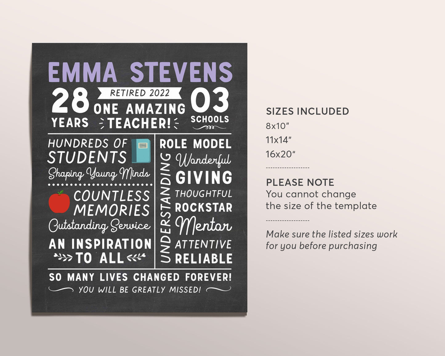 Editable Teacher Retirement Gift, Chalkboard Printable Teacher Poster Sign, Personalized Print for Retiring Teacher from Staff, Appreciation