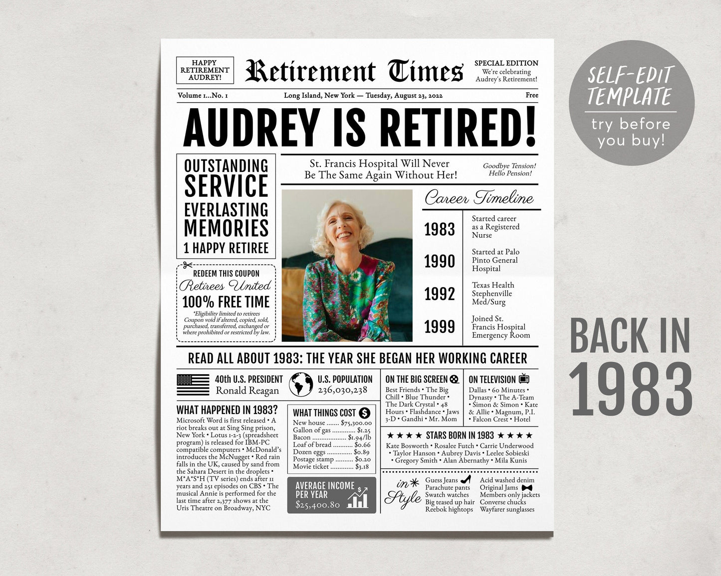 Personalized Retirement Gift for Men or Women, Retirement Party Board With Photo, Unique Retirement Party Decoration, Newspaper Back in 1983