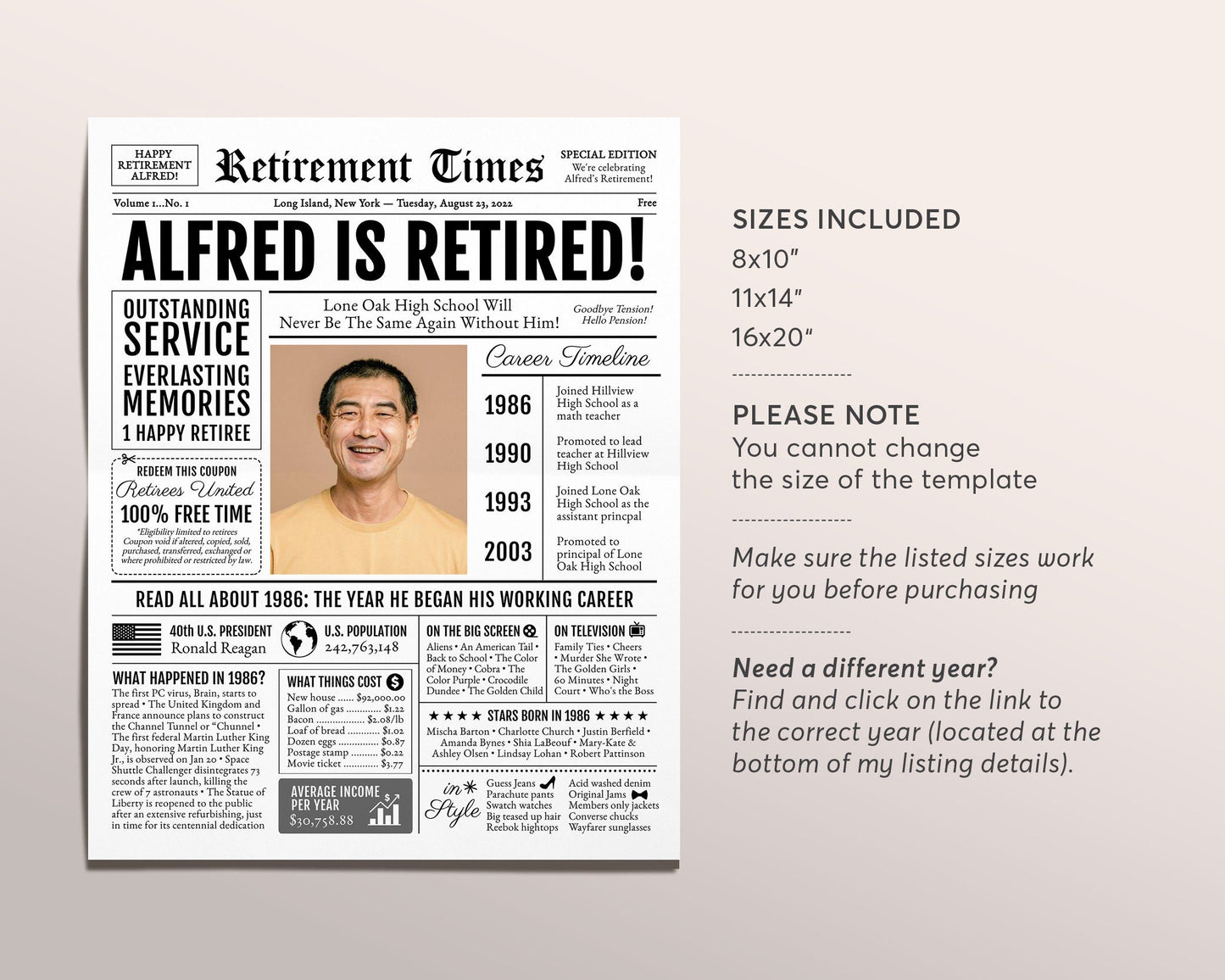 Retirement Gift for Men or Women, Editable Retirement Card Poster Sign, Unique Retirement Party Decoration, Newspaper Back in 1986