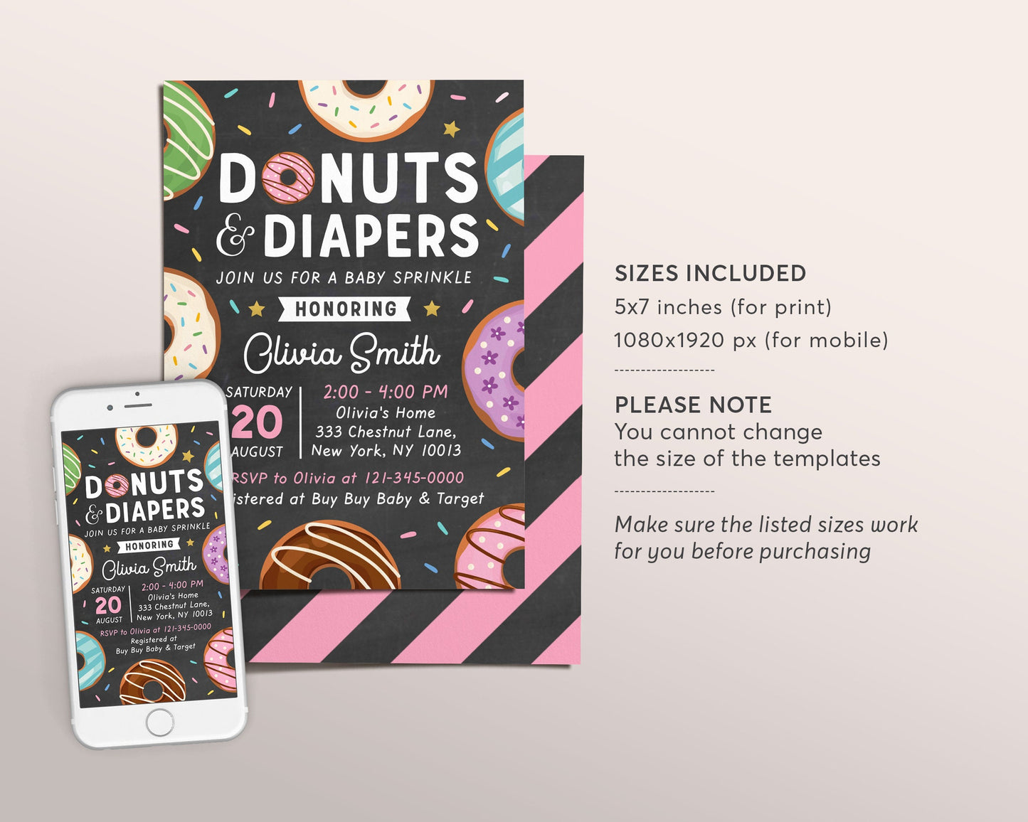 Donuts and Diapers Sprinkle Baby Shower Invitation Template, Editable Donut Baby Sprinkle Invite, Baby Girl, Sprinkled With Love