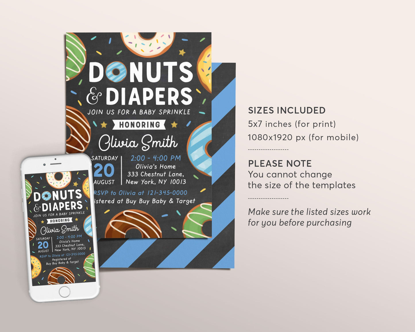 Donuts and Diapers Sprinkle Baby Shower Invitation Template, Editable Donut Baby Sprinkle Invite, Baby Boy, Sprinkled With Love