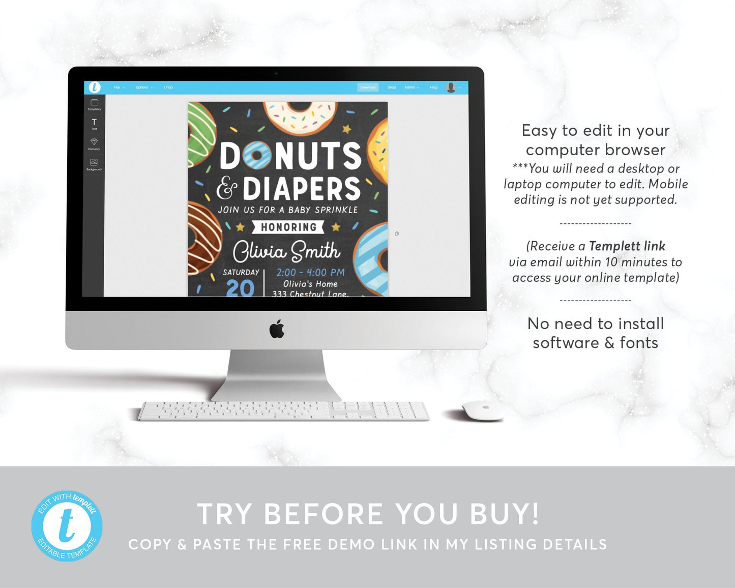 Donuts and Diapers Sprinkle Baby Shower Invitation Template, Editable Donut Baby Sprinkle Invite, Baby Boy, Sprinkled With Love