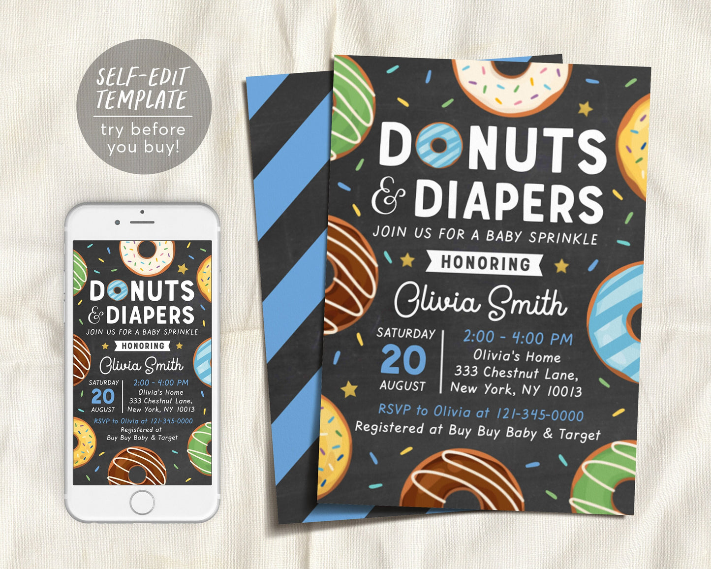 Donuts and Diapers Sprinkle Baby Shower Invitation Template, Editable Donut Baby Sprinkle Invite, Baby Boy, Sprinkled With Love