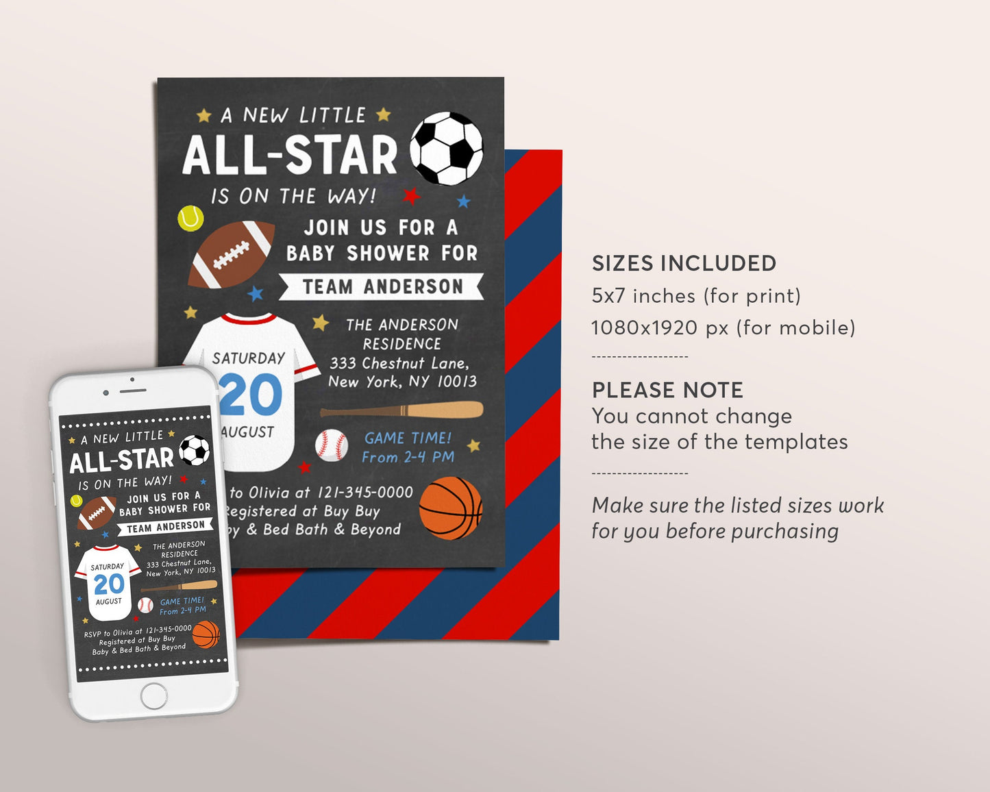 Editable Sports All Star Baby Shower Invitation Template, Baseball Football Soccer Jersey Baby Shower Invitation, Little Slugger On The Way