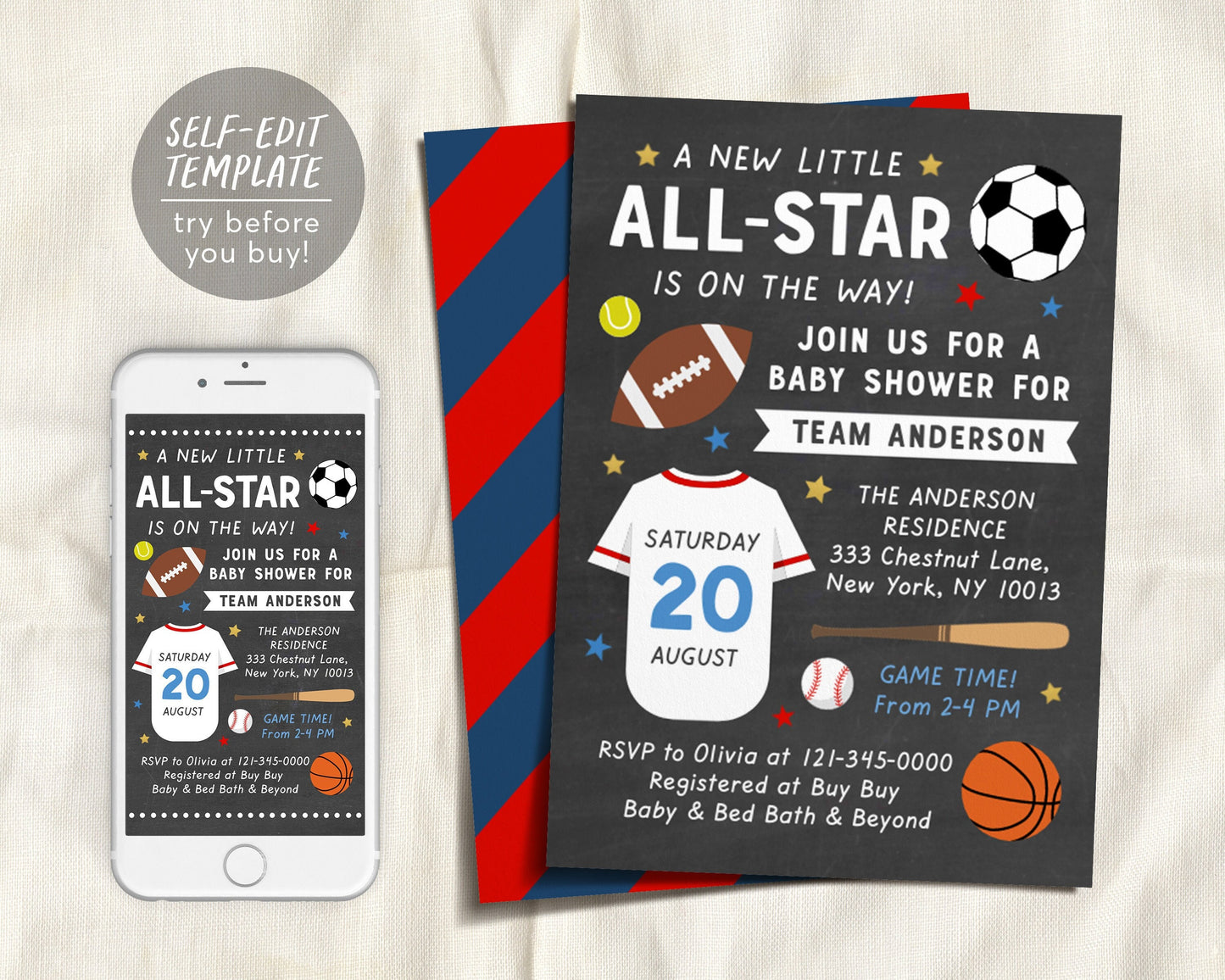 Editable Sports All Star Baby Shower Invitation Template, Baseball Football Soccer Jersey Baby Shower Invitation, Little Slugger On The Way