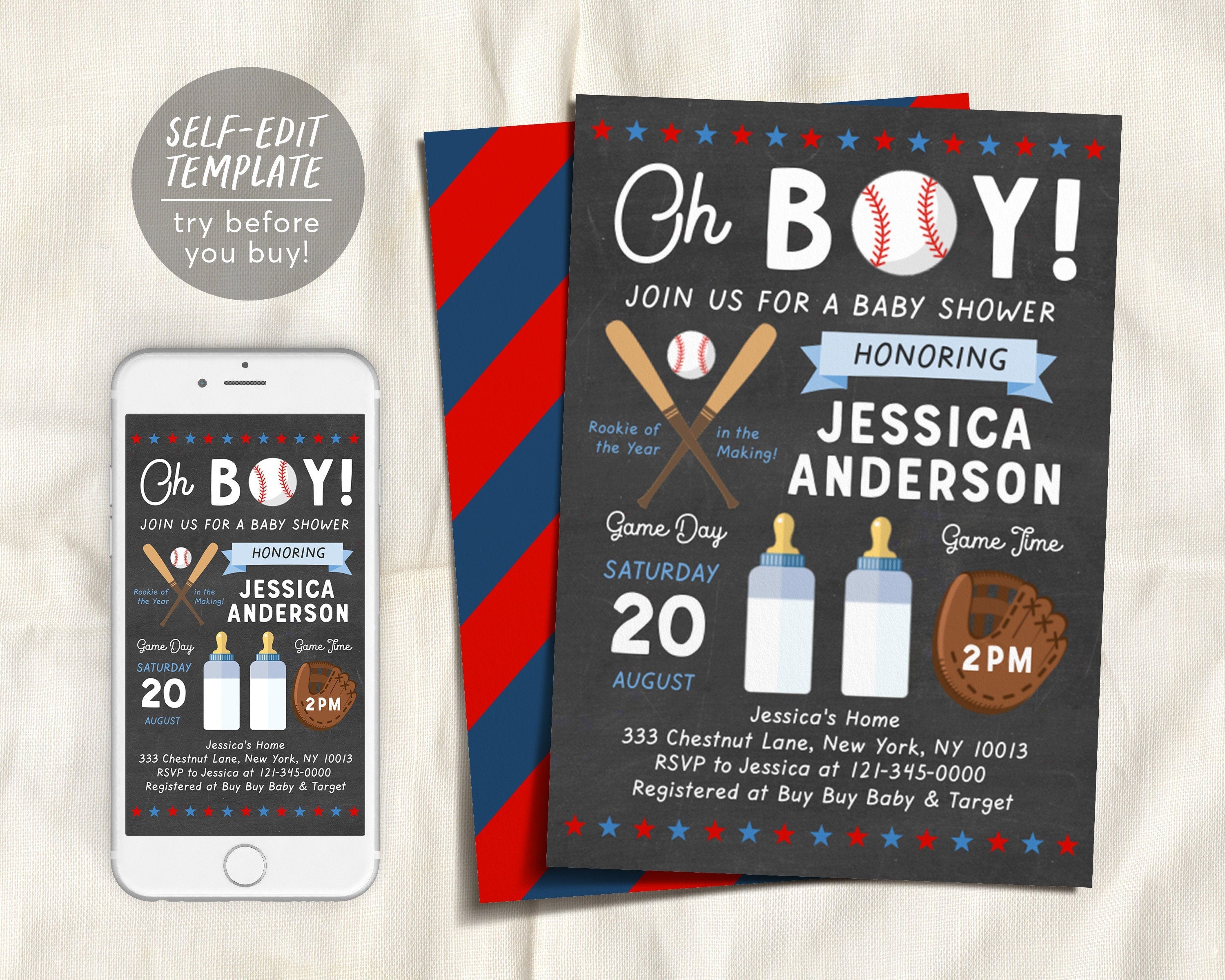 Baseball Chalkboard Boy Baby Shower Invitations