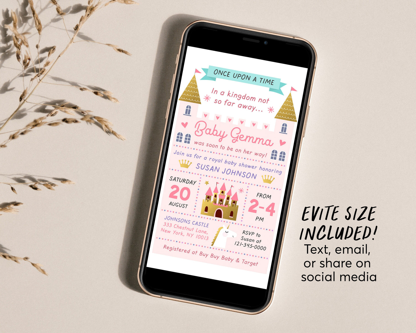 Editable Princess Baby Shower Invitation Template, A little Princess is On the Way, Royal Baby Shower, Once Upon A Time Sprinkle, Pink Gold