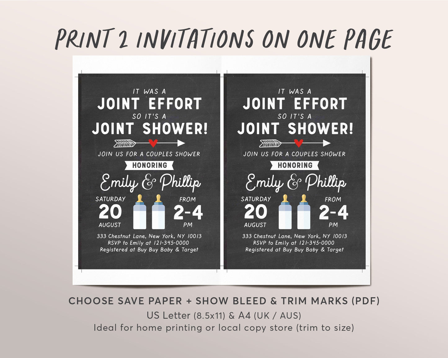 Double Baby Shower Invitation Template, Editable Couples Baby Shower Invitation, Coed Chalkboard Baby Shower Invite, Joint Effort Baby