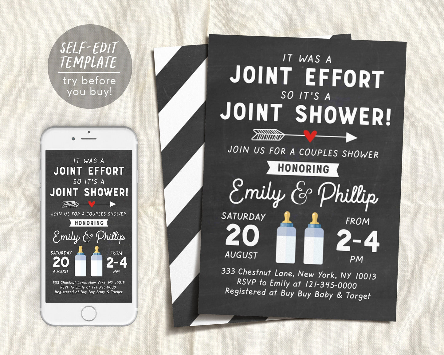 Double Baby Shower Invitation Template, Editable Couples Baby Shower Invitation, Coed Chalkboard Baby Shower Invite, Joint Effort Baby
