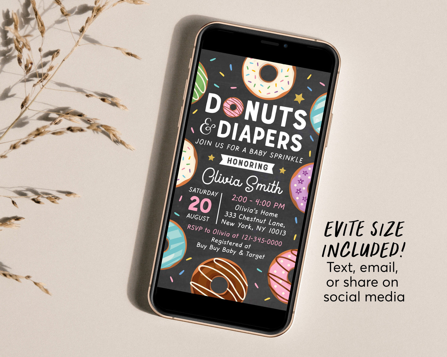 Donuts and Diapers Sprinkle Baby Shower Invitation Template, Editable Donut Baby Sprinkle Invite, Baby Girl, Sprinkled With Love