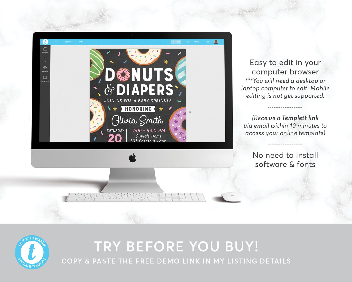 Donuts and Diapers Sprinkle Baby Shower Invitation Template, Editable Donut Baby Sprinkle Invite, Baby Girl, Sprinkled With Love