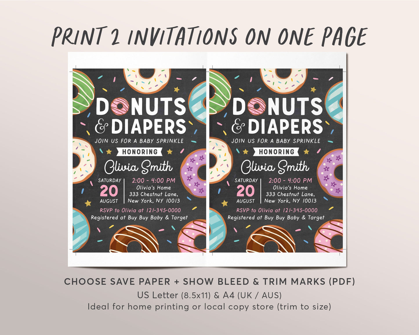 Donuts and Diapers Sprinkle Baby Shower Invitation Template, Editable Donut Baby Sprinkle Invite, Baby Girl, Sprinkled With Love