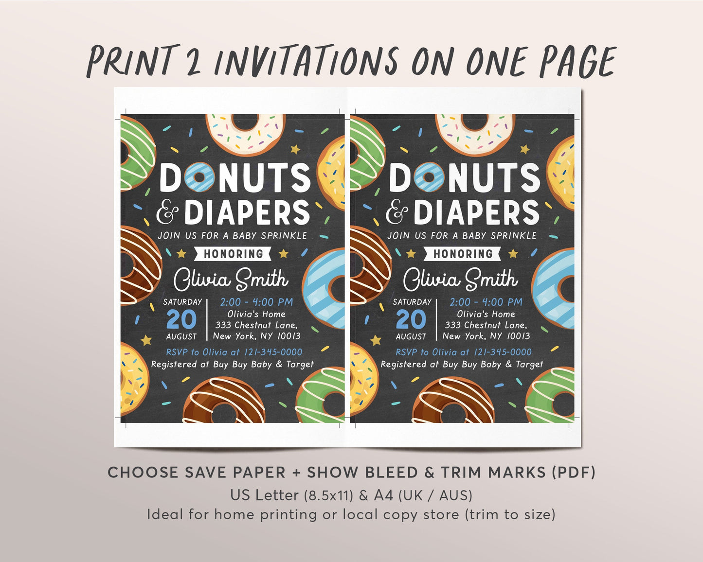 Donuts and Diapers Sprinkle Baby Shower Invitation Template, Editable Donut Baby Sprinkle Invite, Baby Boy, Sprinkled With Love