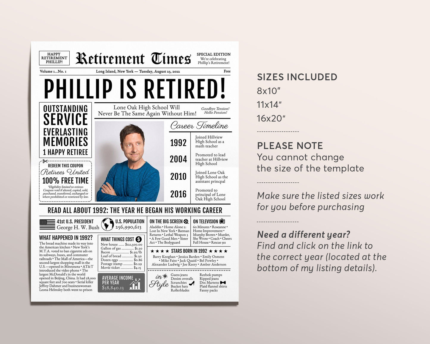 Personalized Retirement Gift for Men or Women, Editable Retirement Celebration Welcome Sign, Unique Party Decoration, Newspaper Back in 1992